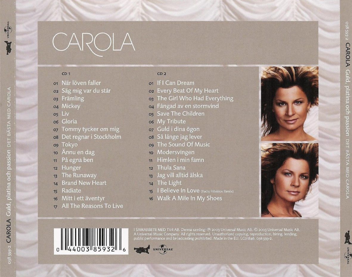 Cartula Trasera de Carola Haggkvist - Guld, Platina & Passion