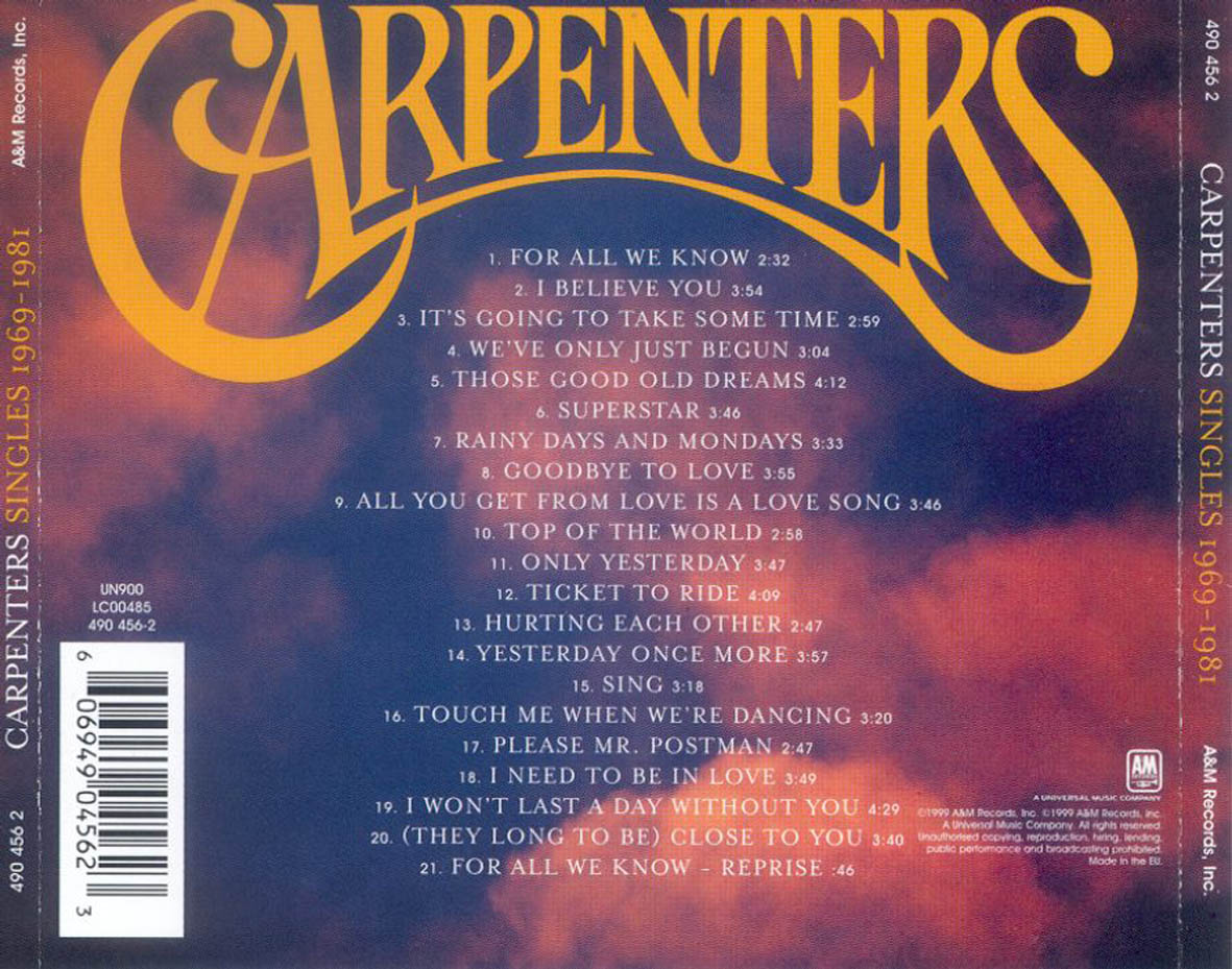 Cartula Trasera de Carpenters - Singles 1969-1981