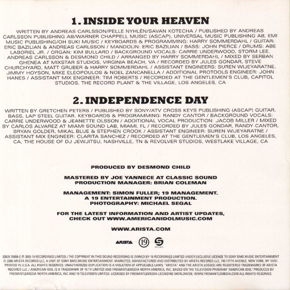 Cartula Interior Frontal de Carrie Underwood - Inside Your Heaven (Cd Single)