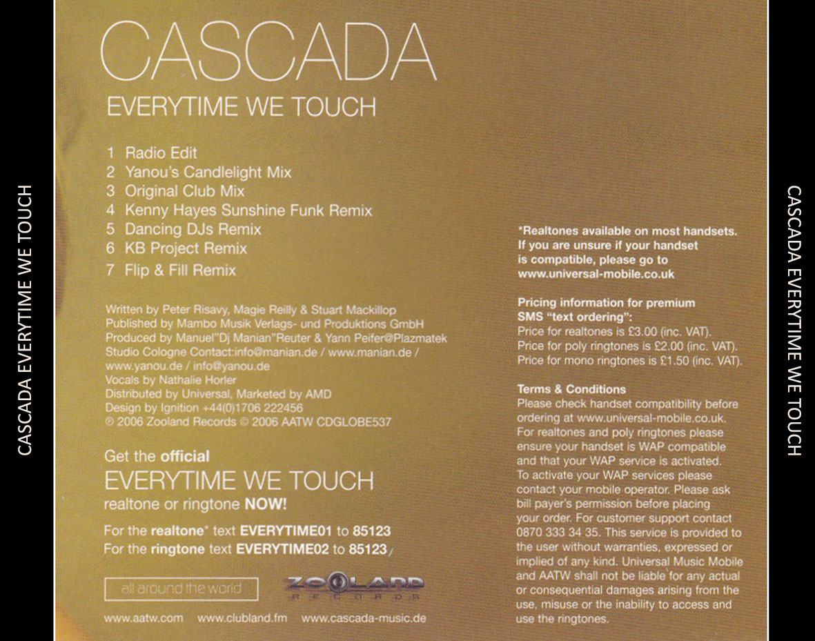 Cartula Trasera de Cascada - Everytime We Touch (Cd Single)