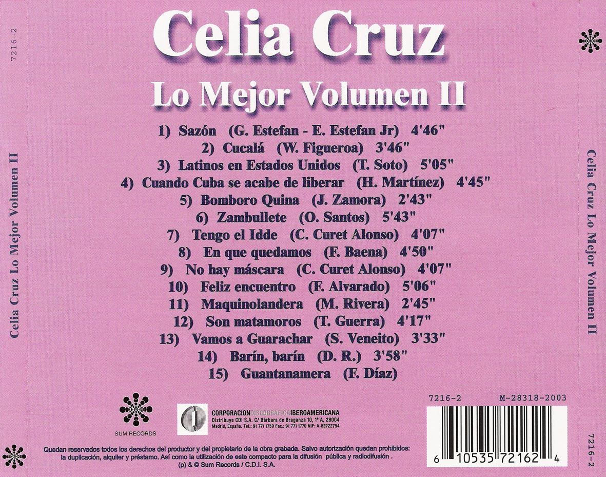 Cartula Trasera de Celia Cruz - Lo Mejor Volumen II