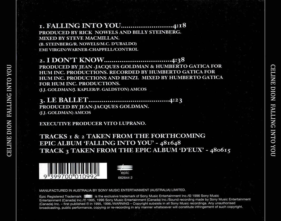 Cartula Trasera de Celine Dion - Falling Into You (Cd Single)