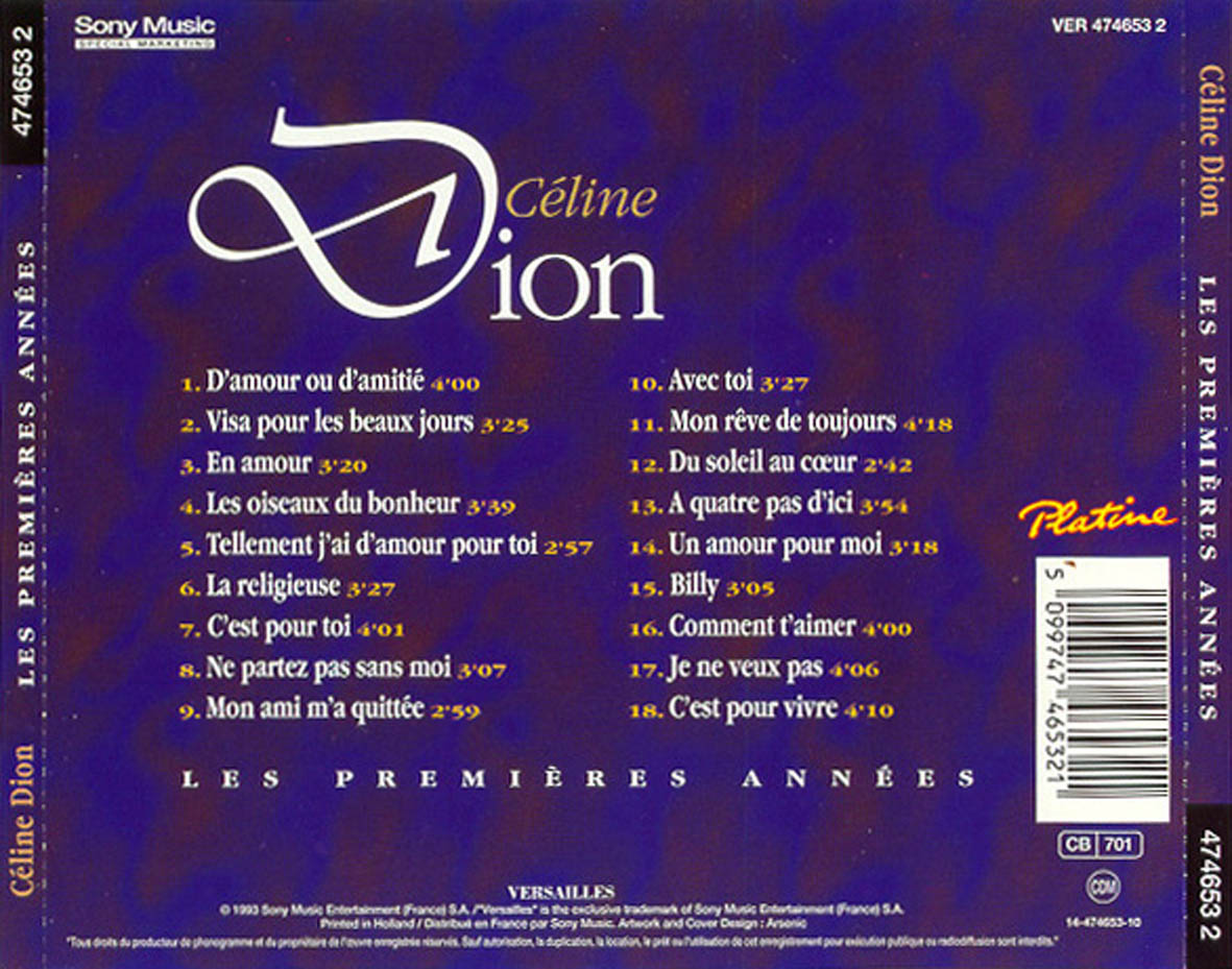 Cartula Trasera de Celine Dion - Les Premieres Annees