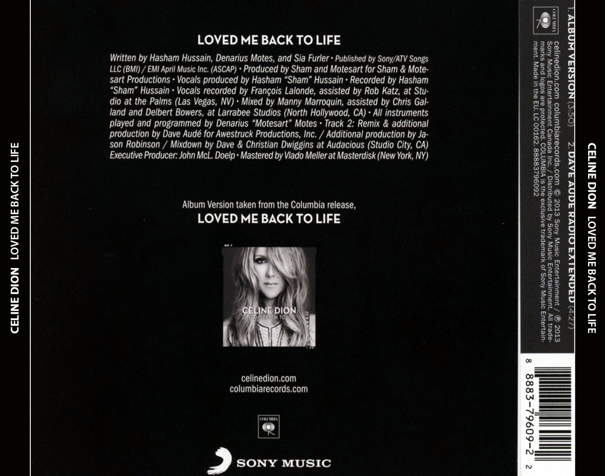 Cartula Trasera de Celine Dion - Loved Me Back To Life (Cd Single)