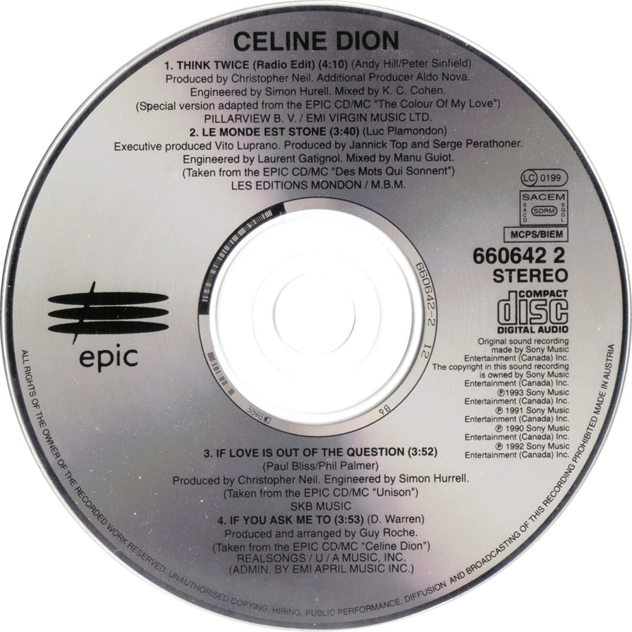 Cartula Cd de Celine Dion - Think Twice (Cd Single)