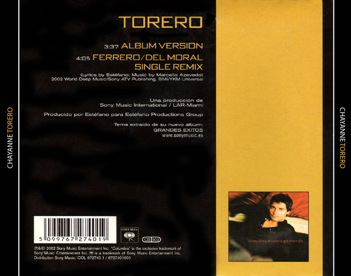 Cartula Trasera de Chayanne - Torero (Cd Single)