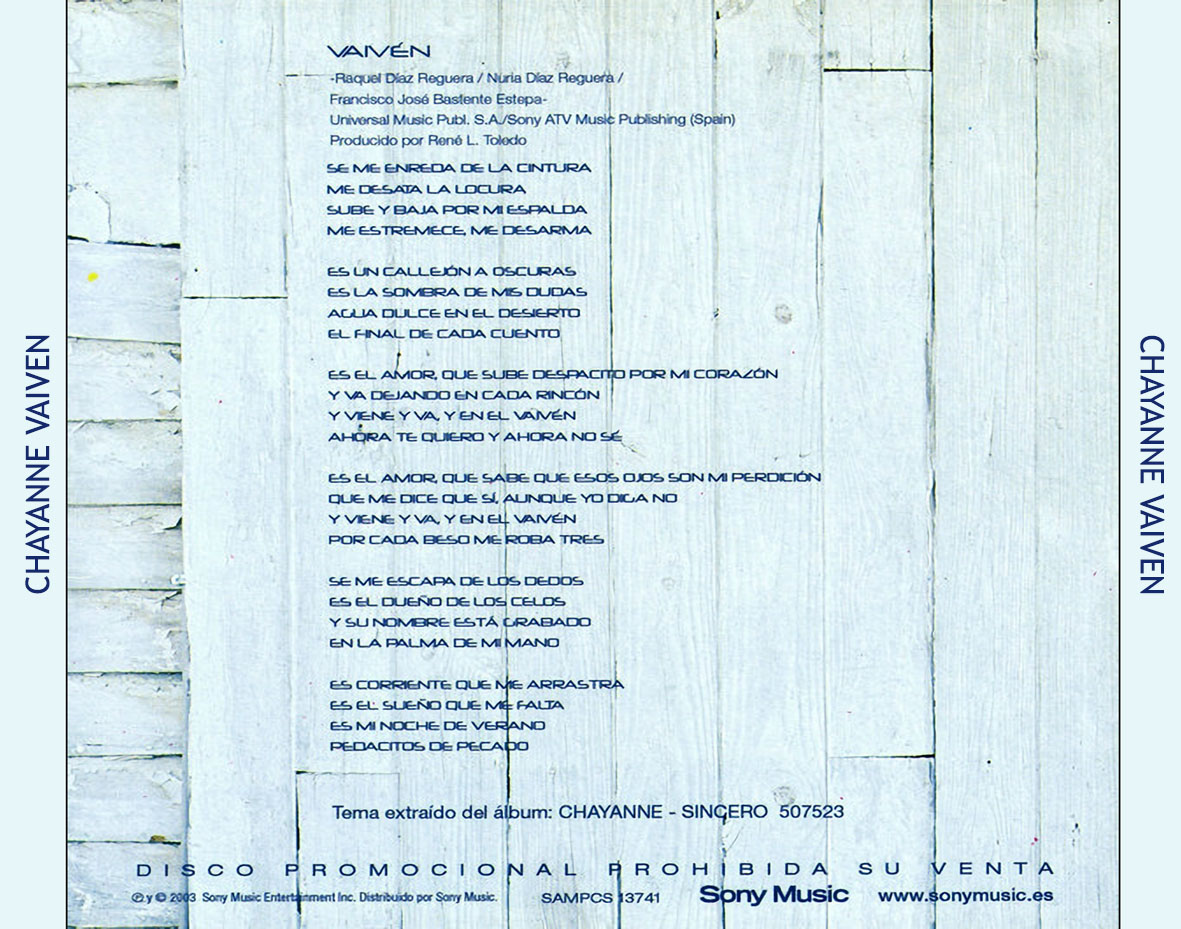 Cartula Trasera de Chayanne - Vaiven (Cd Single)