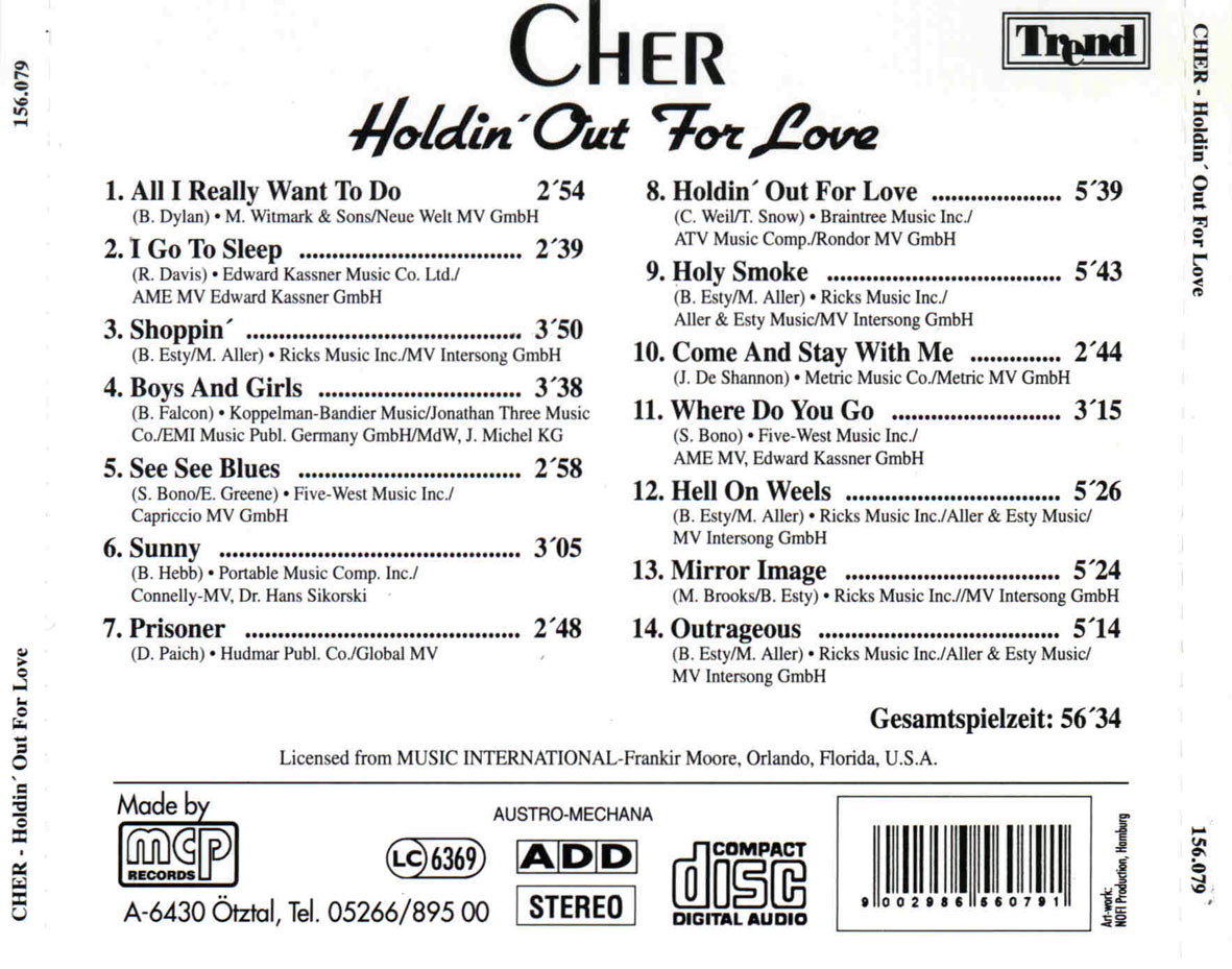 Cartula Trasera de Cher - Holdin' Out For Love (14 Canciones)