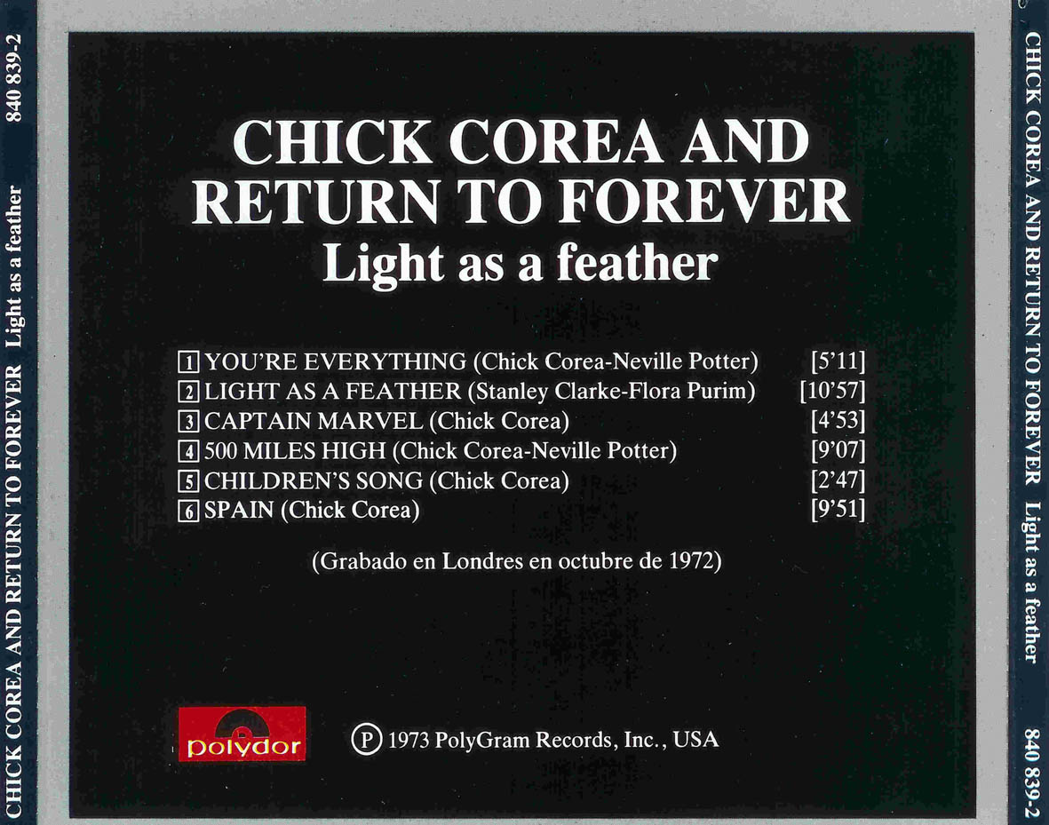Cartula Trasera de Chick Corea And Return To Forever - Light As A Feather