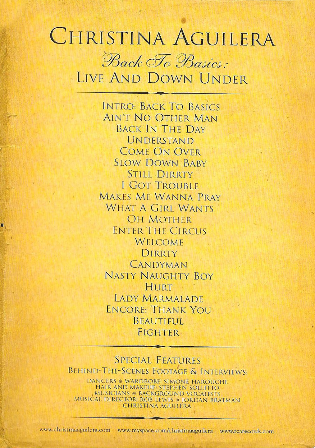 Cartula Interior Frontal de Christina Aguilera - Back To Basics: Live And Down Under (Dvd)