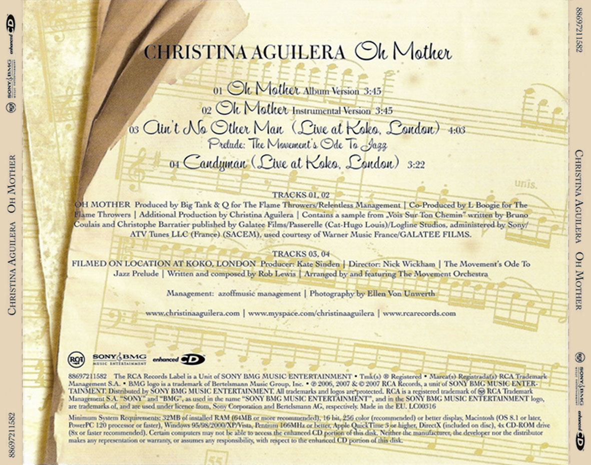 Carátula Trasera de Christina Aguilera - Oh Mother (Cd Single)
