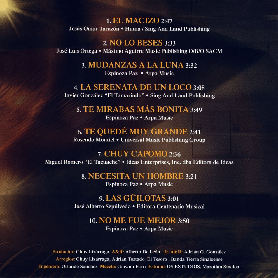 Cartula Interior Frontal de Chuy Lizarraga Y Su Banda Tierra Sinaloense - Mudanzas A La Luna