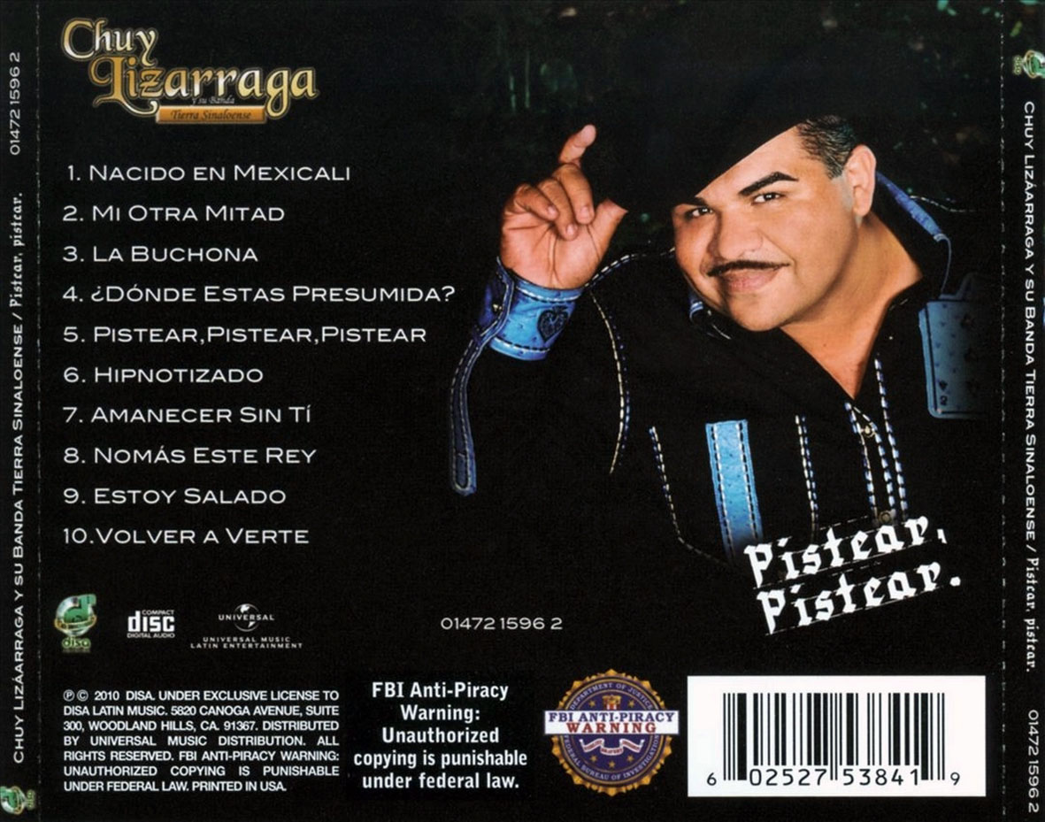 Cartula Trasera de Chuy Lizarraga Y Su Banda Tierra Sinaloense - Pistear, Pistear
