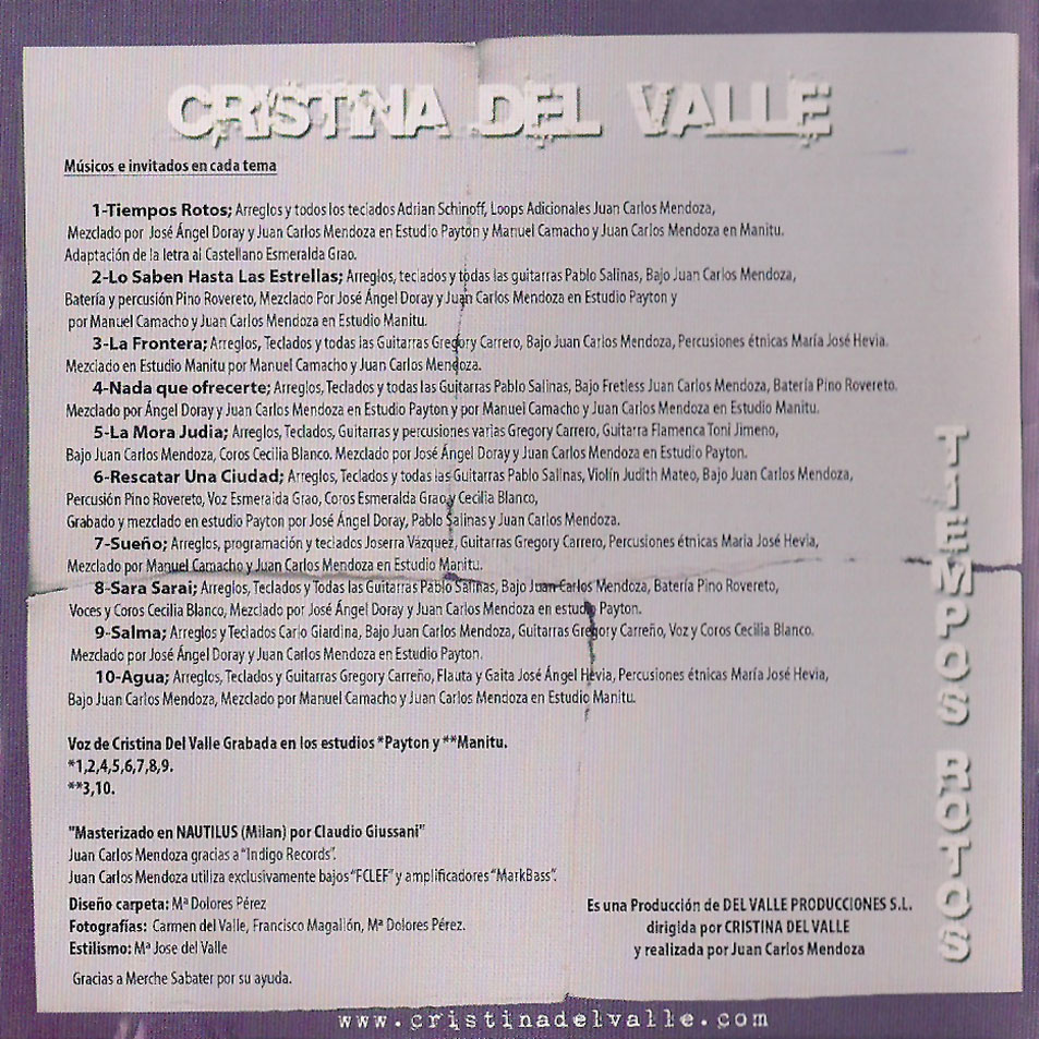 Cartula Interior Frontal de Cristina Del Valle - Tiempos Rotos