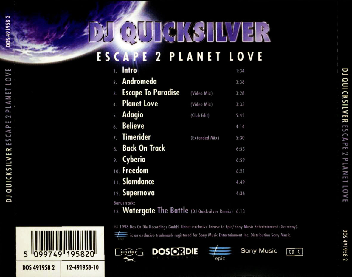 Cartula Trasera de Dj Quicksilver - Escape 2 Planet Love