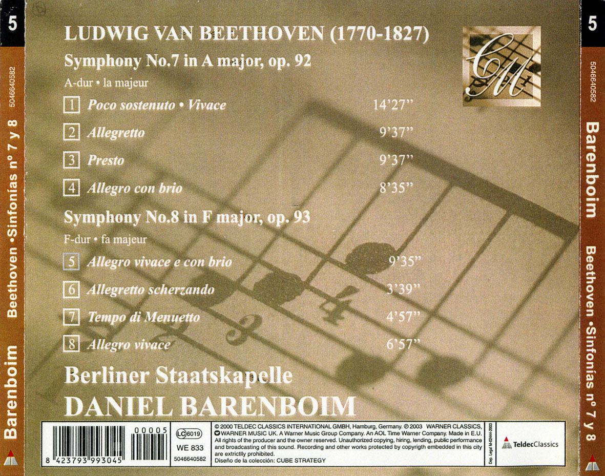 Cartula Trasera de Daniel Barenboim - Beethoven Sinfonias 7 Y 8