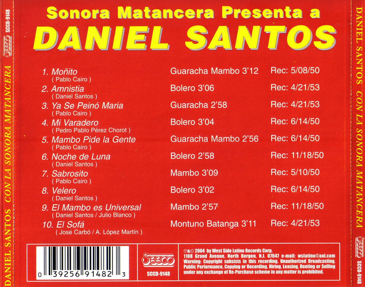 Cartula Trasera de Daniel Santos - Sonora Matancera Presenta A Daniel Santos