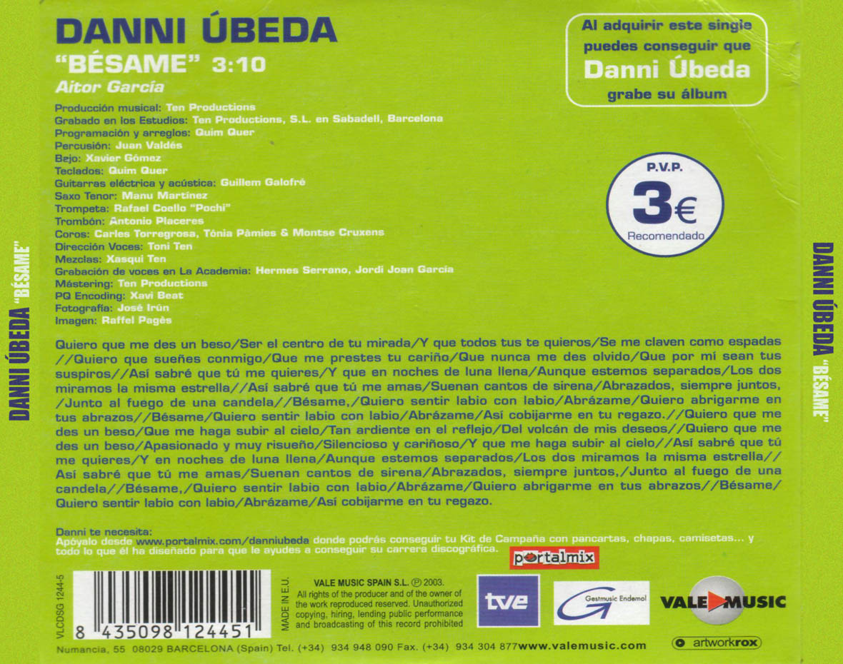 Cartula Trasera de Danni Ubeda - Besame (Cd Single)