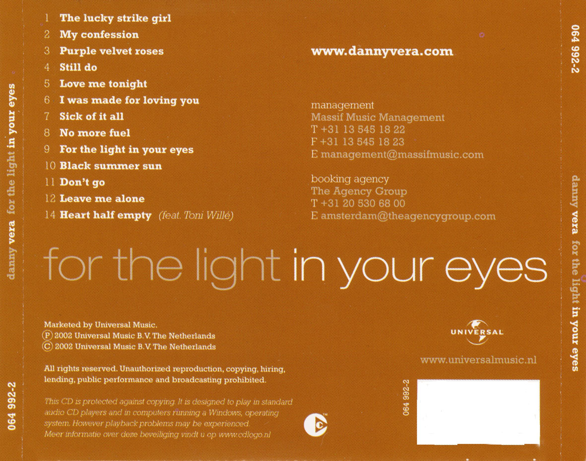 Cartula Trasera de Danny Vera - For The Light In Your Eyes