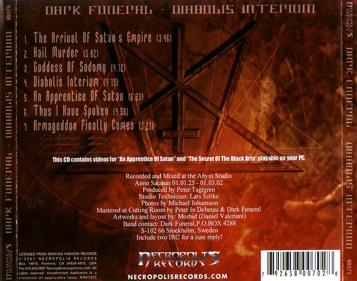 Cartula Trasera de Dark Funeral - Diabolis Interium