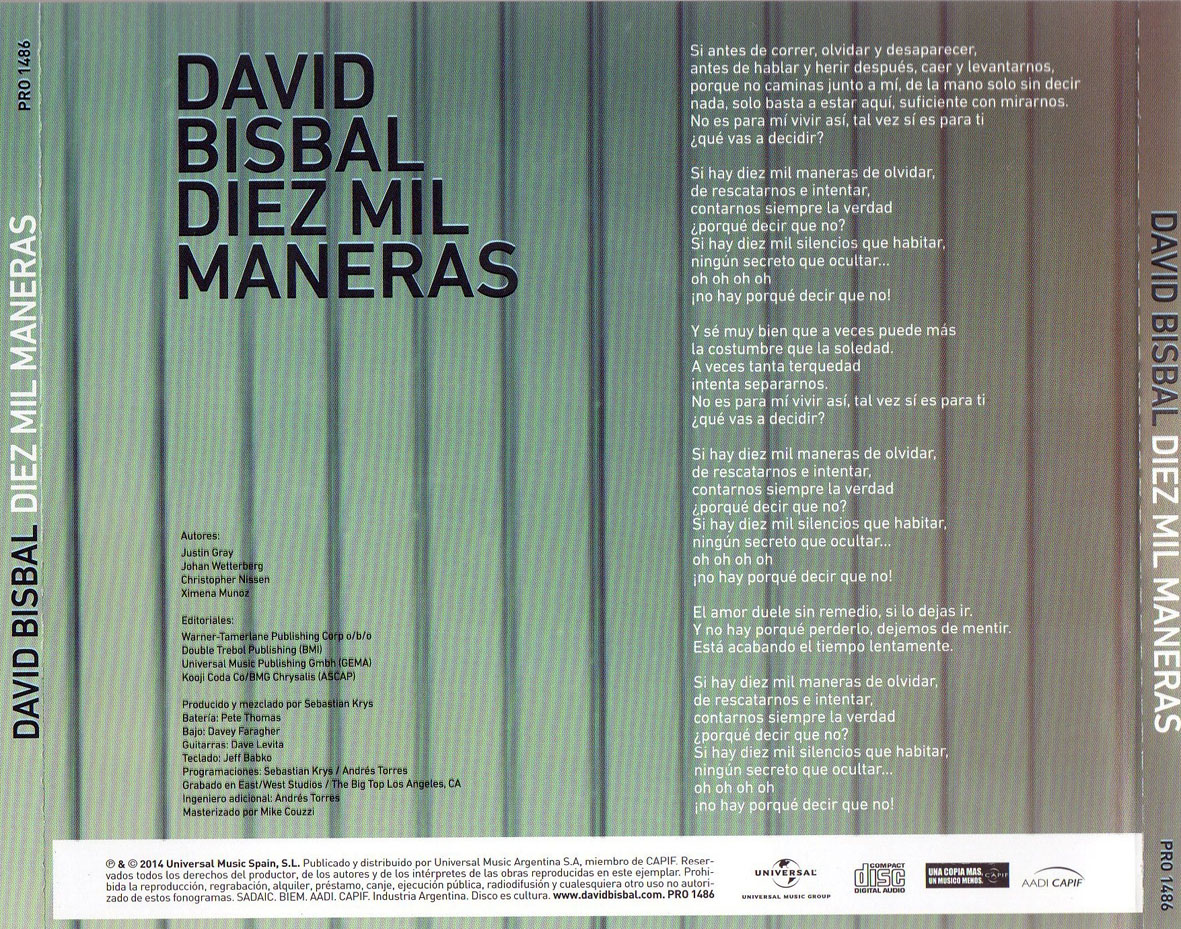 Cartula Trasera de David Bisbal - Diez Mil Maneras (Cd Single)