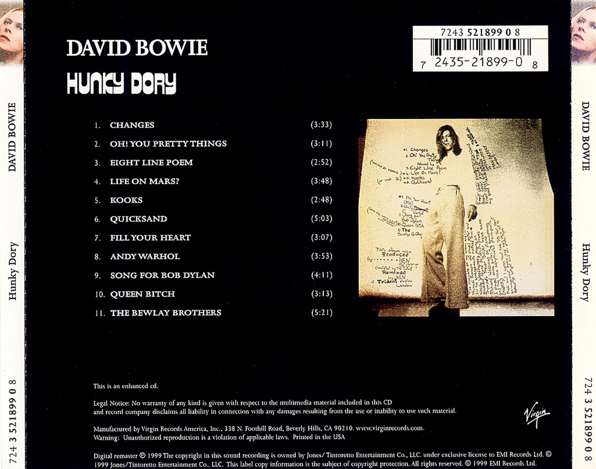 Cartula Trasera de David Bowie - Hunky Dory