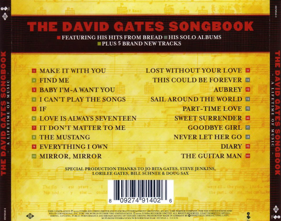 Carátula Trasera de David Gates - The David Gates Songbook: A Lifetime Of Music