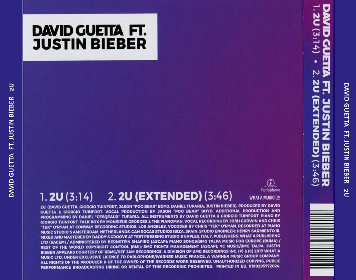 Cartula Trasera de David Guetta - 2u (Featuring Justin Bieber) (Cd Single)