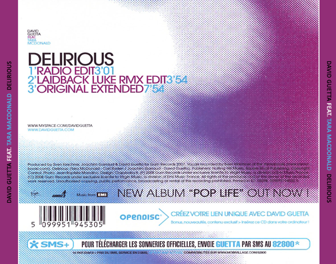Cartula Trasera de David Guetta - Delirious (Featuring Tara Mcdonald) (Cd Single)