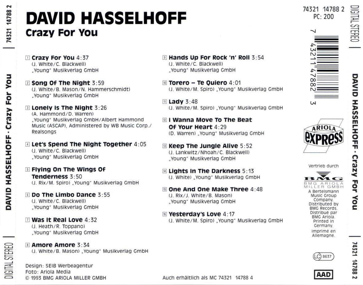 Cartula Trasera de David Hasselhoff - Crazy For You (1993)