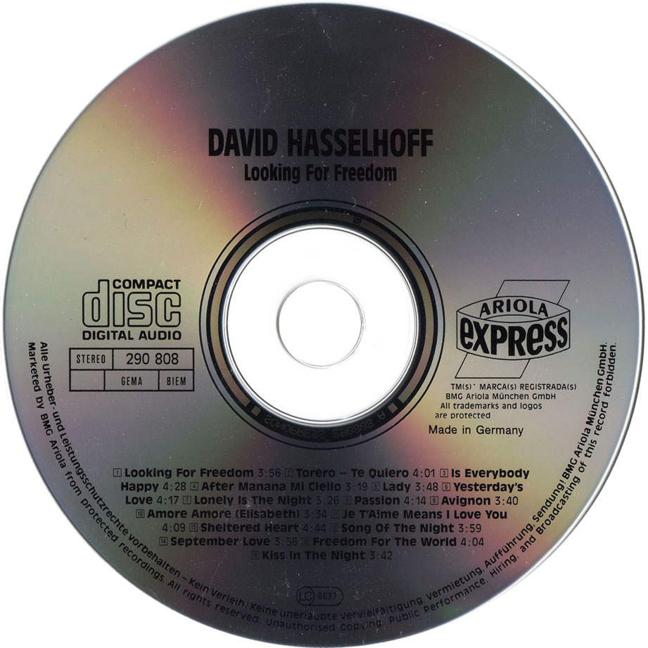 Cartula Cd de David Hasselhoff - Looking For Freedom