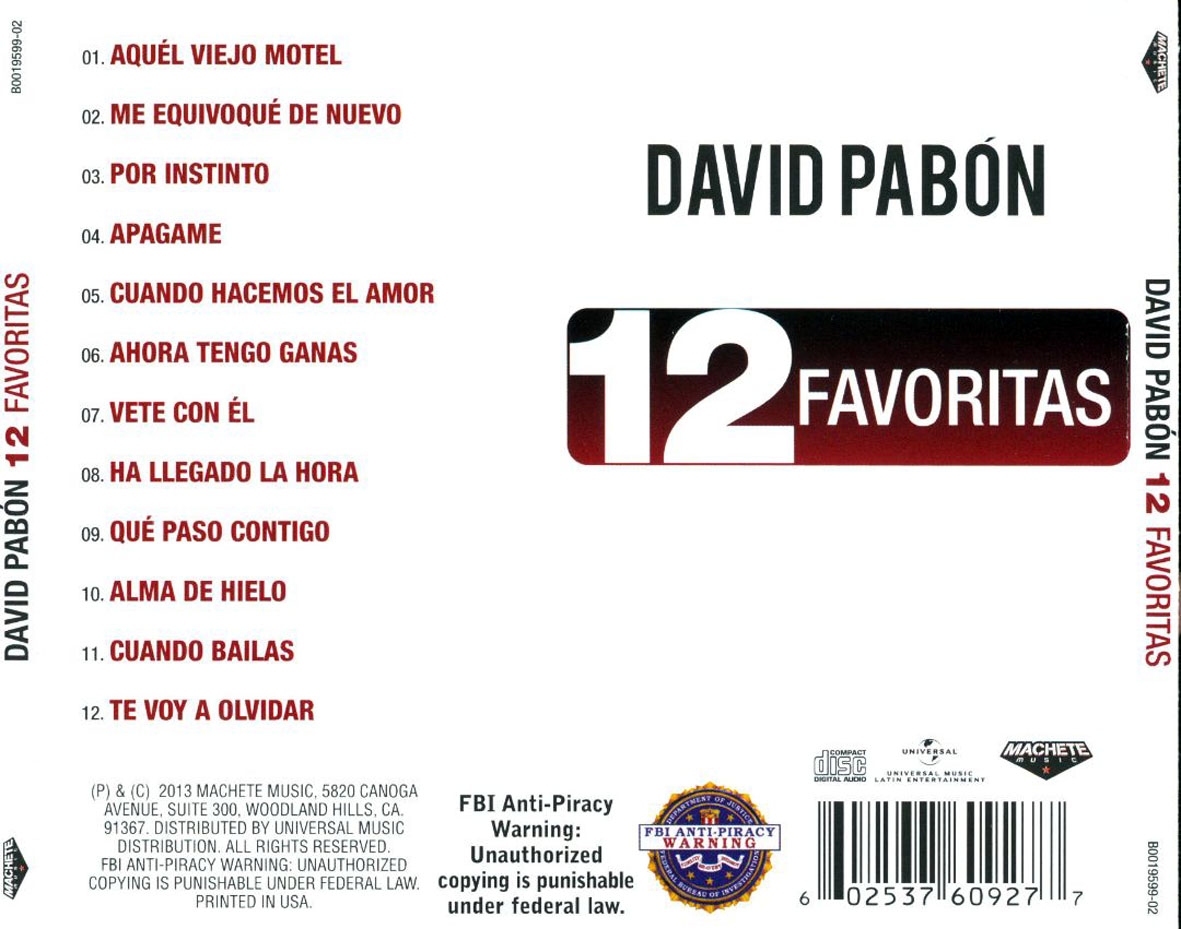 Cartula Trasera de David Pabon - 12 Favoritas