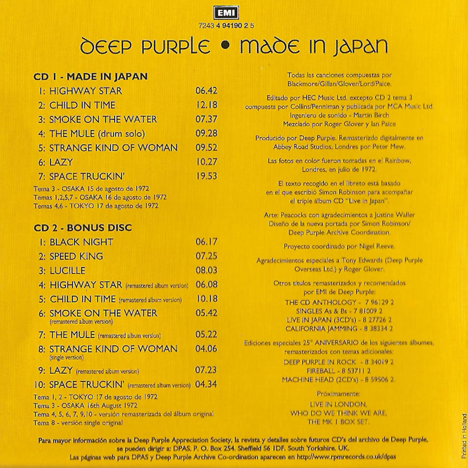 Cartula Interior Frontal de Deep Purple - Made In Japan - 25 Aniversario (Edicion Remasterizada)