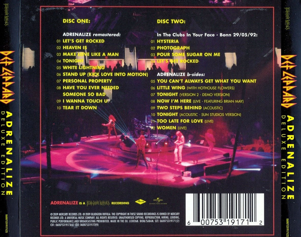 Cartula Trasera de Def Leppard - Adrenalize (Deluxe Edition)