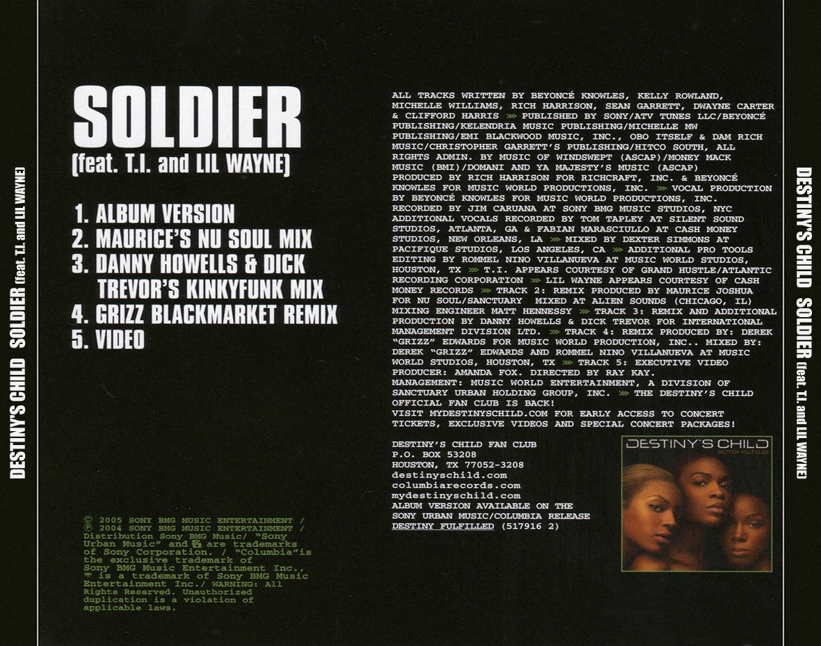 Cartula Trasera de Destiny's Child - Soldier (Featuring T.i. & Lil' Wayne) (Cd Single)