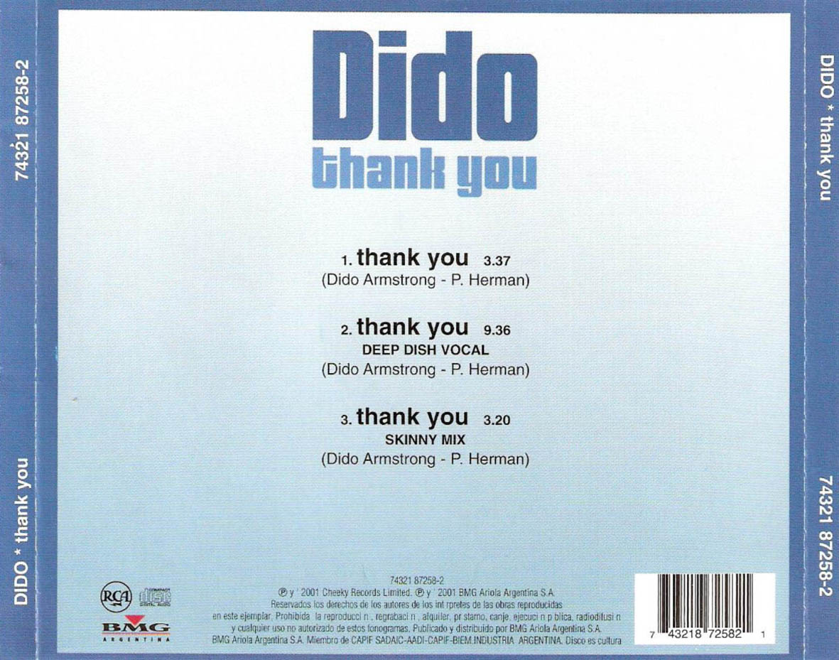 Cartula Trasera de Dido - Thank You (Cd Single)
