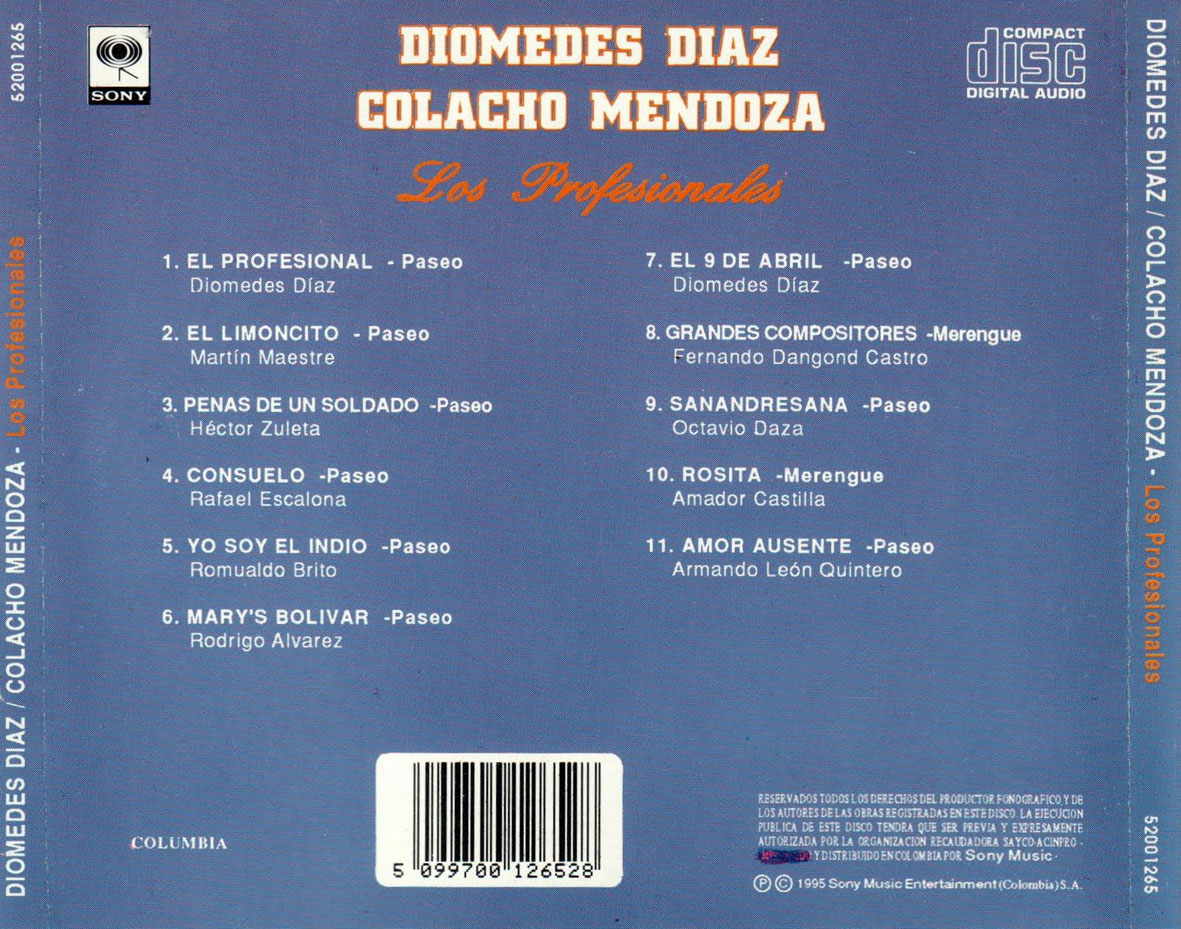 Cartula Trasera de Diomedes Diaz & Colacho Mendoza - Los Profesionales