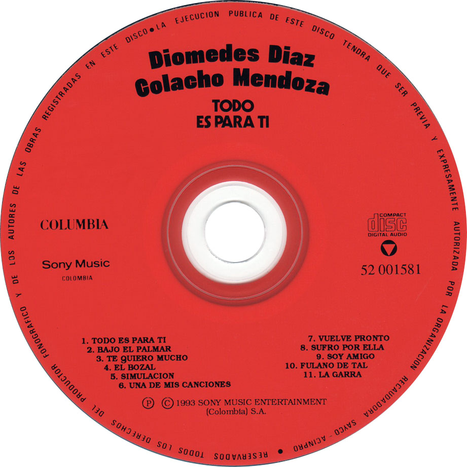 Cartula Cd de Diomedes Diaz & Colacho Mendoza - Todo Es Para Ti