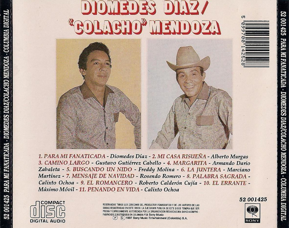Cartula Trasera de Diomedes Diaz & Colacho Mendoza - Para Mi Fanaticada