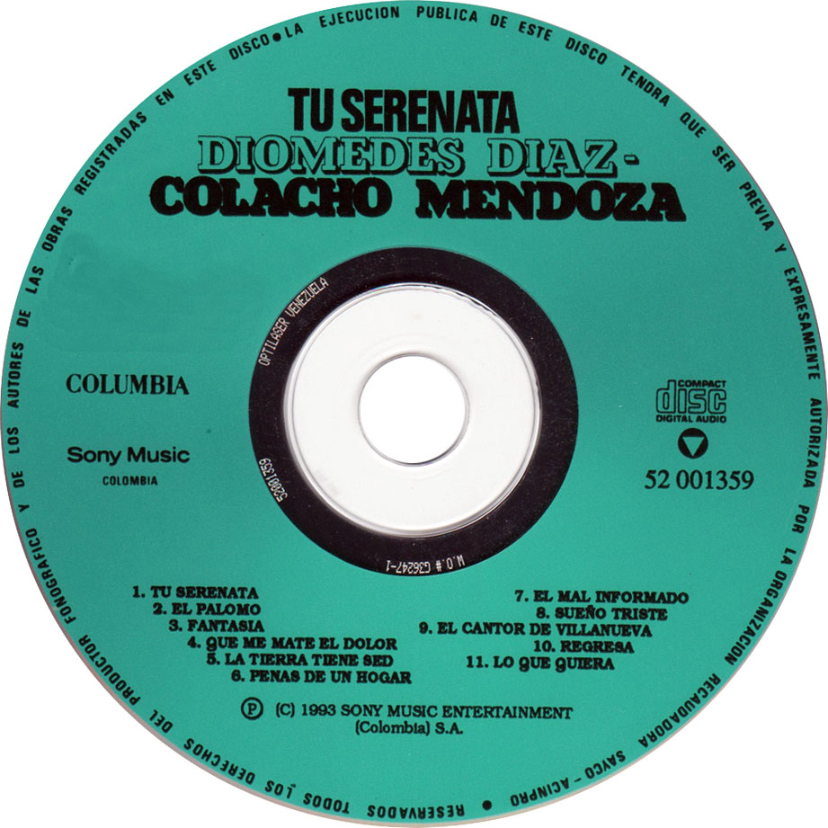 Cartula Cd de Diomedes Diaz & Colacho Mendoza - Tu Serenata