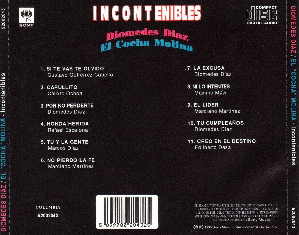 Cartula Trasera de Diomedes Diaz & El Cocha Molina - Incontenibles
