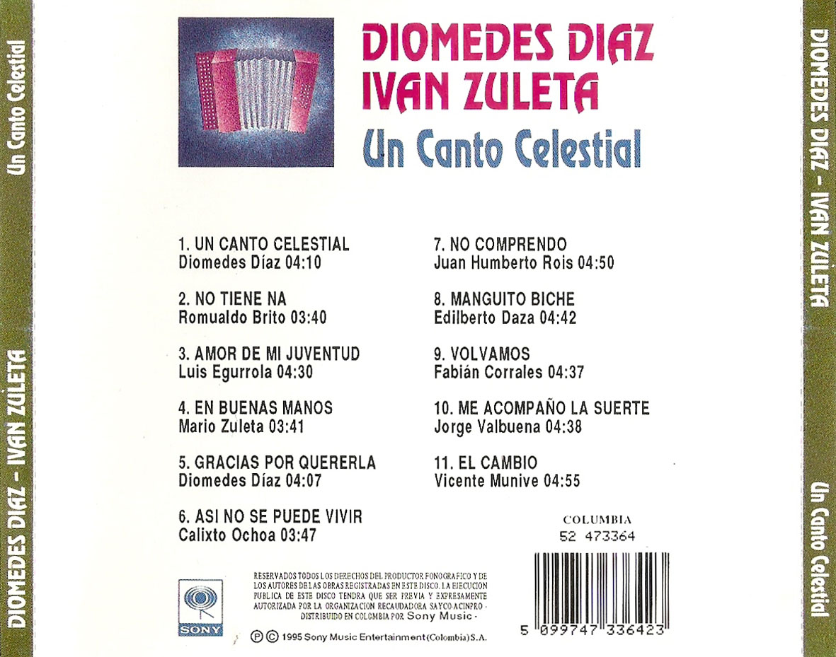 Cartula Trasera de Diomedes Diaz & Ivan Zuleta - Un Canto Celestial