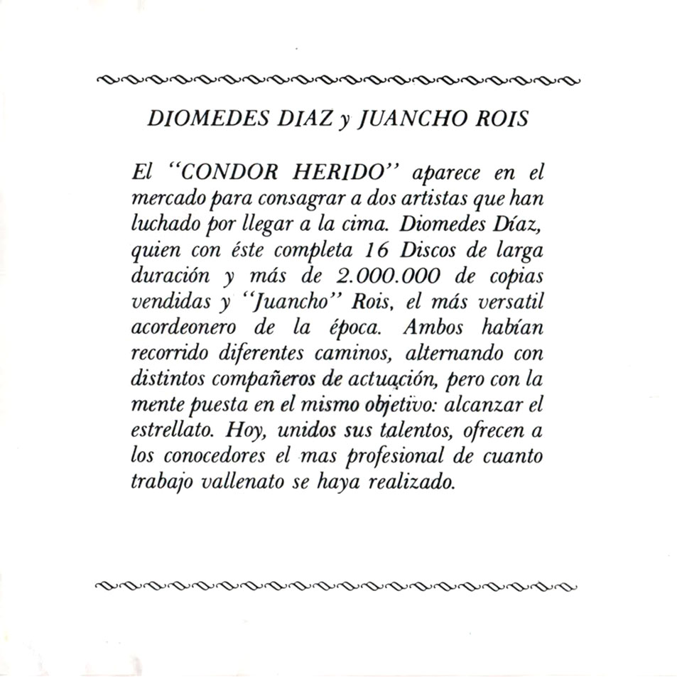 Cartula Interior Frontal de Diomedes Diaz & Juancho Rois - El Condor Herido