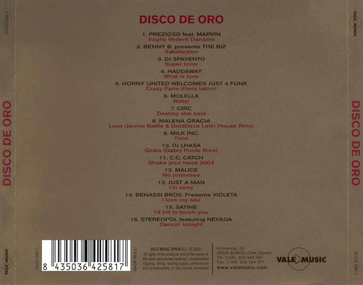 Cartula Trasera de Disco De Oro