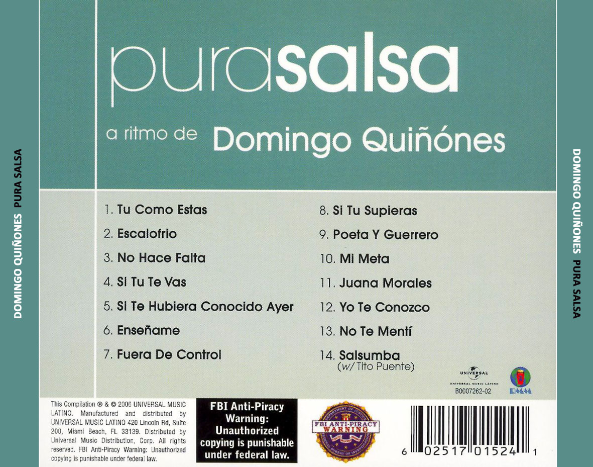 Cartula Trasera de Domingo Quiones - Pura Salsa