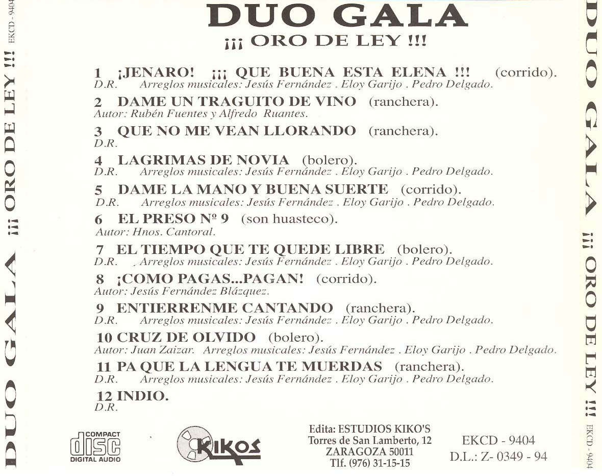 Cartula Trasera de Duo Gala - Oro De Ley