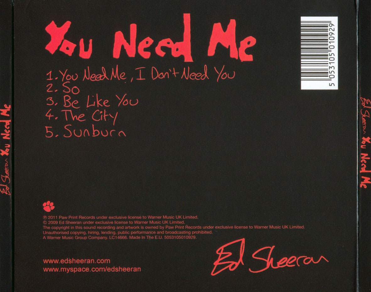 Cartula Trasera de Ed Sheeran - You Need Me (Ep)