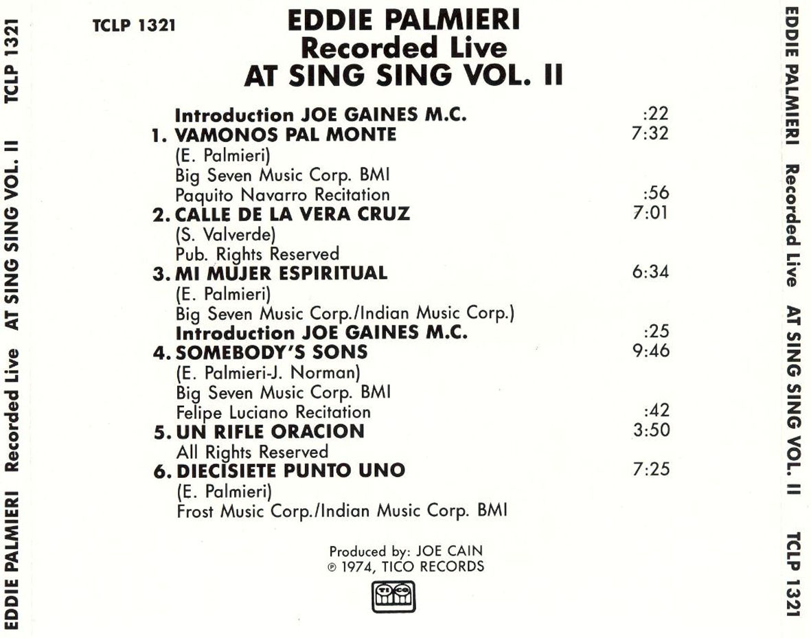 Cartula Trasera de Eddie Palmieri - Recorded Live At Sing Sing Volume 2