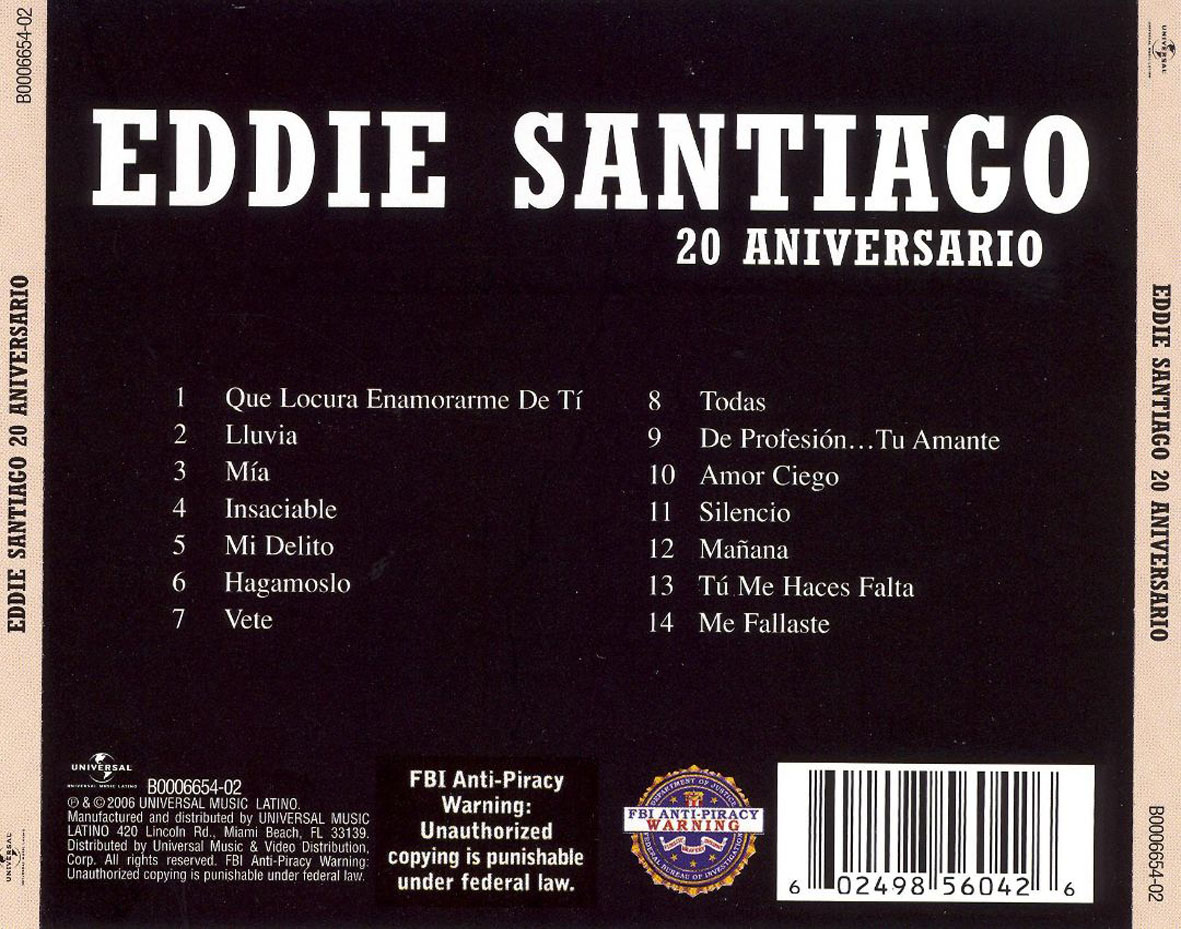 Cartula Trasera de Eddie Santiago - 20 Aniversario