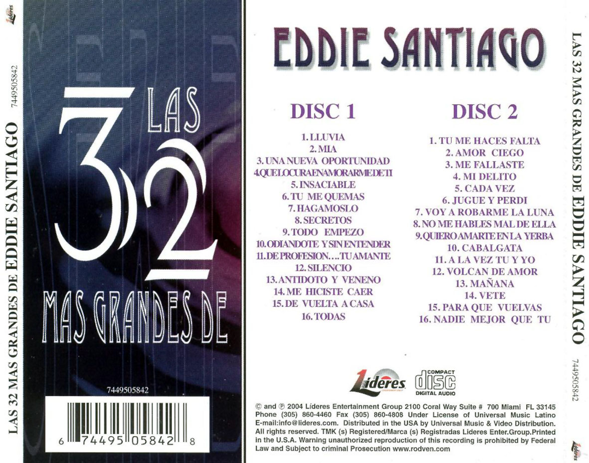 Cartula Trasera de Eddie Santiago - Las 32 Mas Grandes De Eddie Santiago